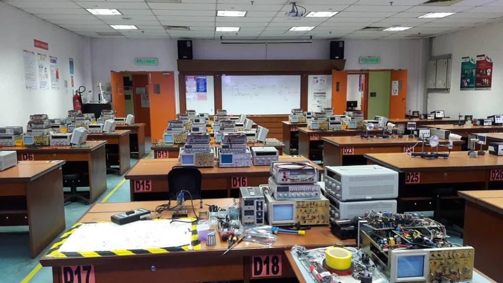 Professional electronics laboratory with components and tools